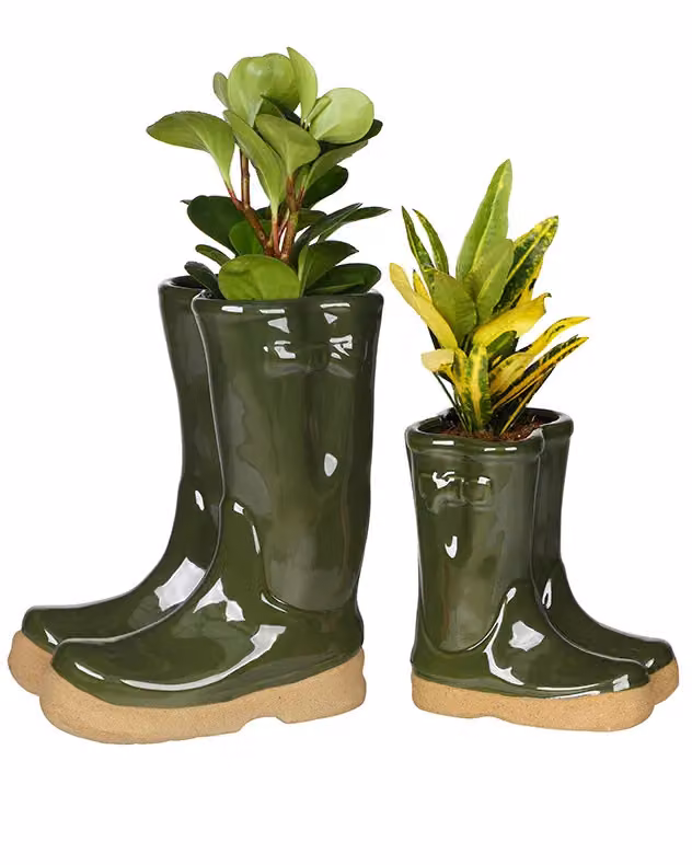 Dibor Set of 2 Ceramic Wellington Planters in Dark Green for Indoor and Outdoor Garden Use – 2