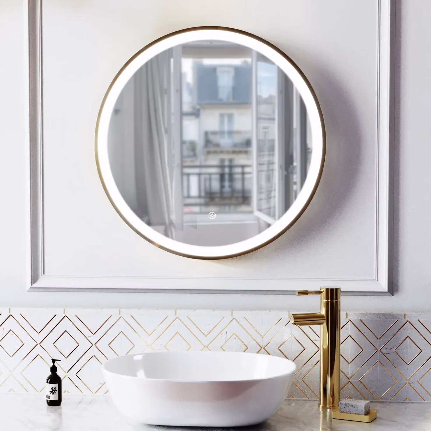 Nes Home Round LED Bathroom Mirror with Touch Sensor and Demister, Brushed Brass, W: 60 cm, H: 60 cm, D: 4 cm – 2