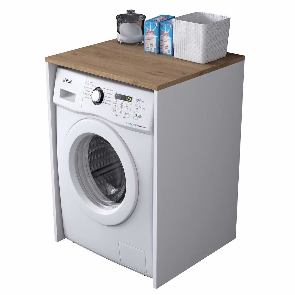 CALICOSY Freestanding Washing Machine Shelf in White and Walnut Finish, H 91.8 cm x W 60 cm x D 60 cm – 2
