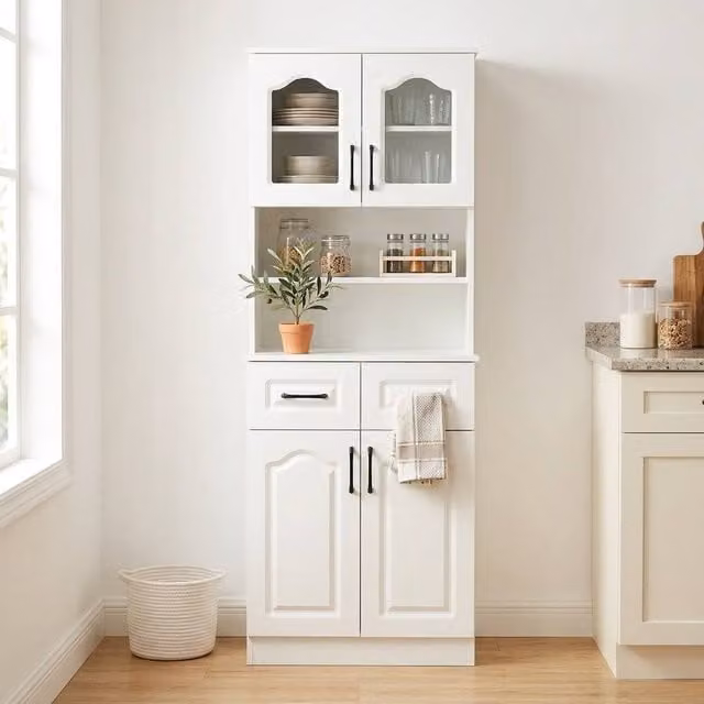 STILVORA White Kitchen Cupboard with Glass Doors, 2 Drawers and Internal Shelves, W/D/H: 65.0 x 38.0 x 168.0 cm
