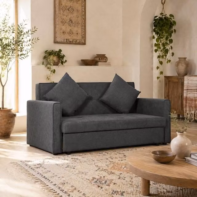 Wyld Haus Takala Nele 2 Seater Sofa Bed in Dark Grey Snow Flannel Fabric with Hidden Storage