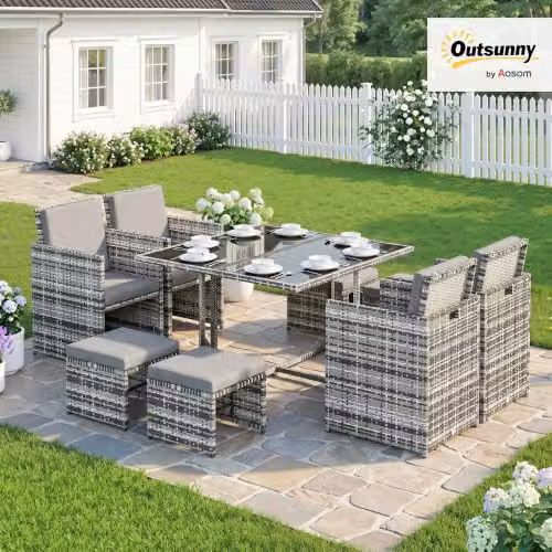 Outsunny 8 Seater Grey Rattan Cube Garden Furniture Set with Cushions and Glass Top Table – 2