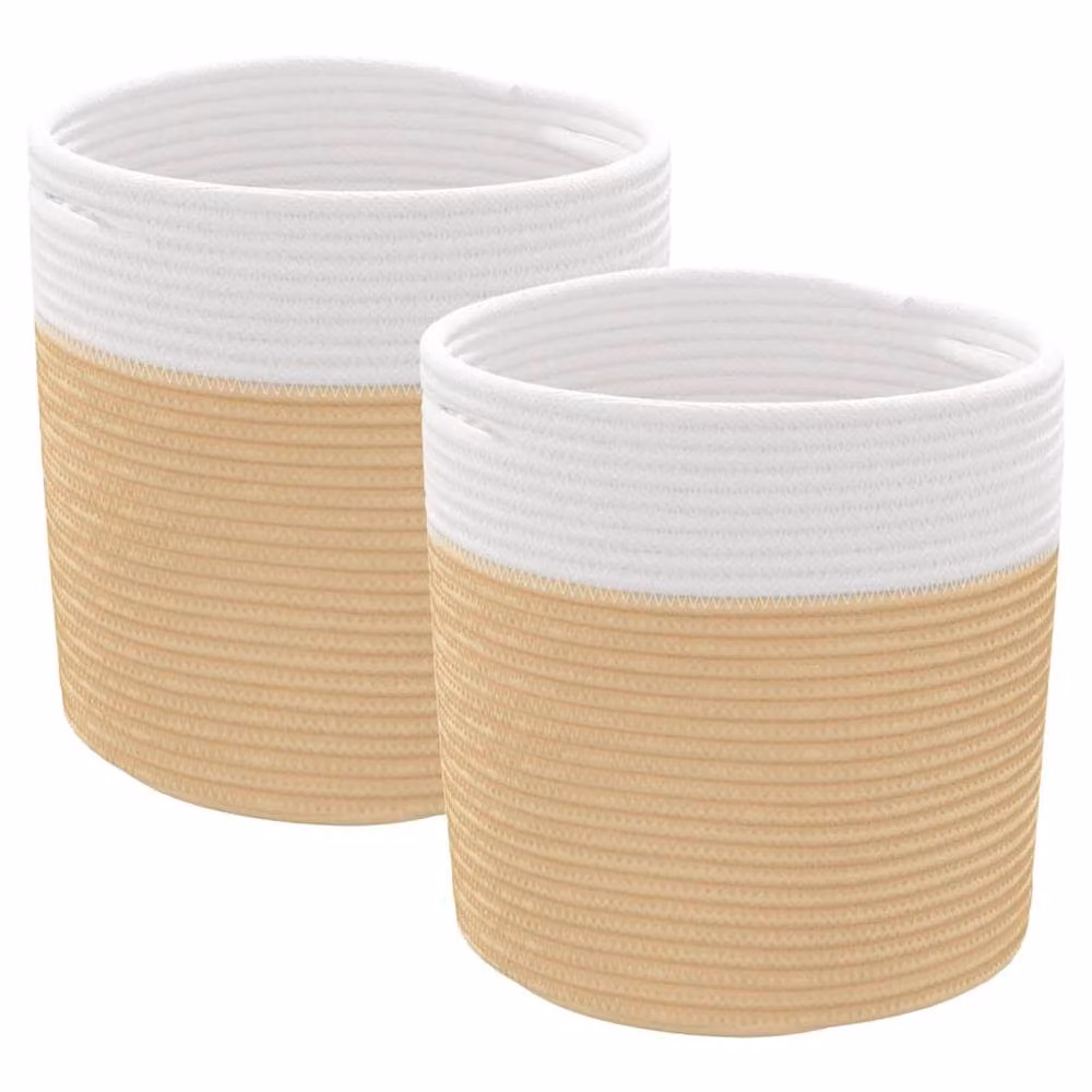 Berkfield Cotton Home Storage Baskets, 2 Pack, Beige and White, W/D/H: 28 x 28 x 28 cm – 2