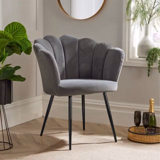 Home Source Scallop Compact Padded Accent Armchair in Grey Velvet and Bouclé with Metal Legs