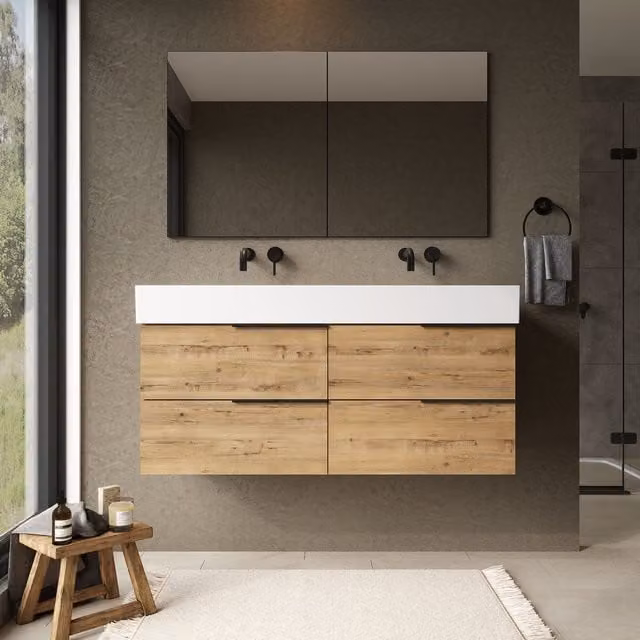 Banyetti Celtic 1200mm Wall Hung Bathroom Vanity Unit with Veneto 0 Tap Hole Basin in Ostippo Light Oak, W/D/H: 120 x 45 x 48 cm