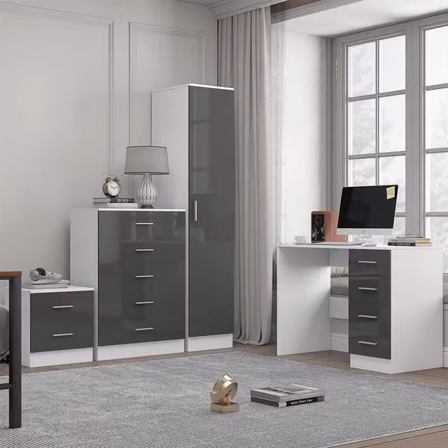 REFLECT Bedroom Furniture Set with 1 Door Wardrobe, 5 Drawer Chest, Bedside Table and Desk in Grey Gloss and Matt White