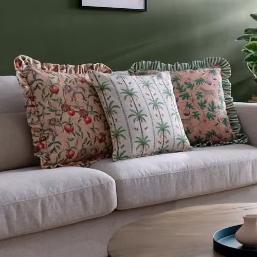 Wylder Tropics Okara Elephant Printed Ruffle Cushion in Peach and Pink Linen with Polyester Filling, W/D/H: 50 x 50 x 50 cm – 4