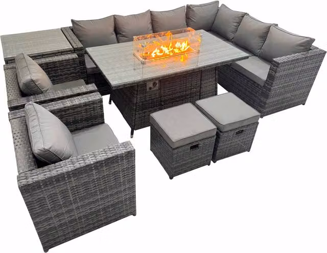 Fimous 10-Seater Outdoor Corner Sofa Set with Gas Firepit Table in Dark Grey Rattan and Glass