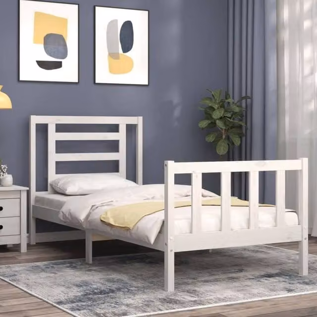 Berkfield Home Beautiful Single Solid Wood Bed Frame with Headboard in White, W/D/H: 90 x 190 cm