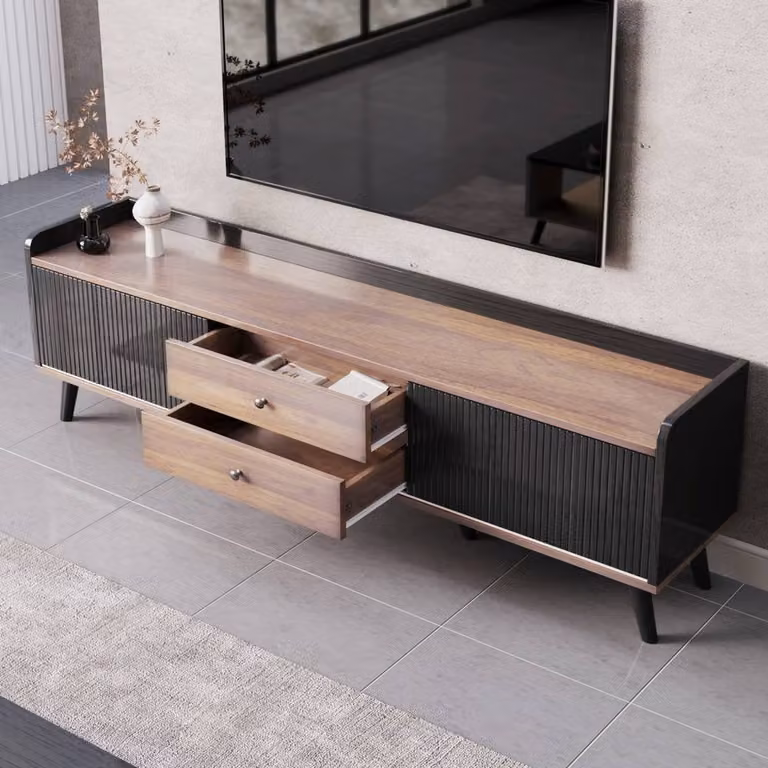 Rolipo Modern TV Stand with Striped Sliding Doors in Black and Wood, W: 160 cm