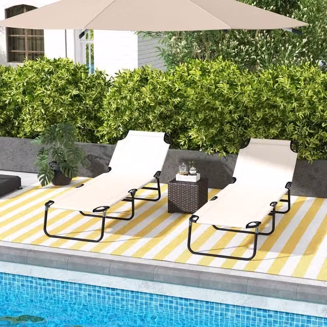 Outsunny Set of 2 Foldable Sun Loungers with Adjustable Headrest in Beige and White