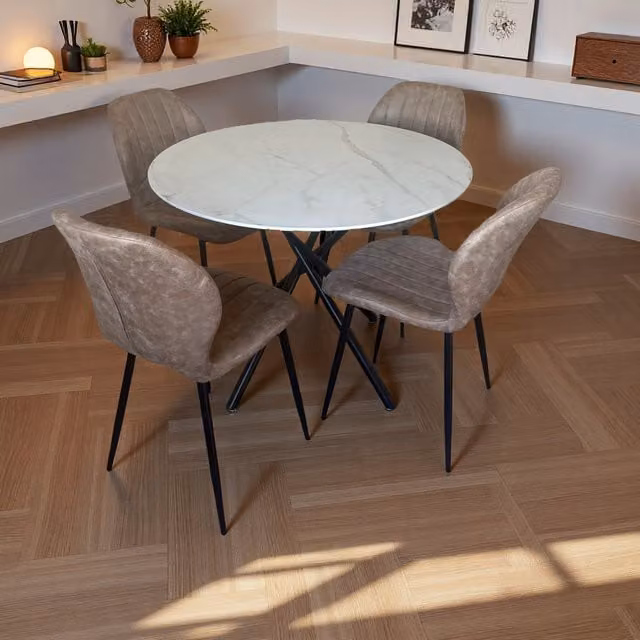 Madefor.living Modern Round Marble Dining Table with 4 White X-Frame Chairs