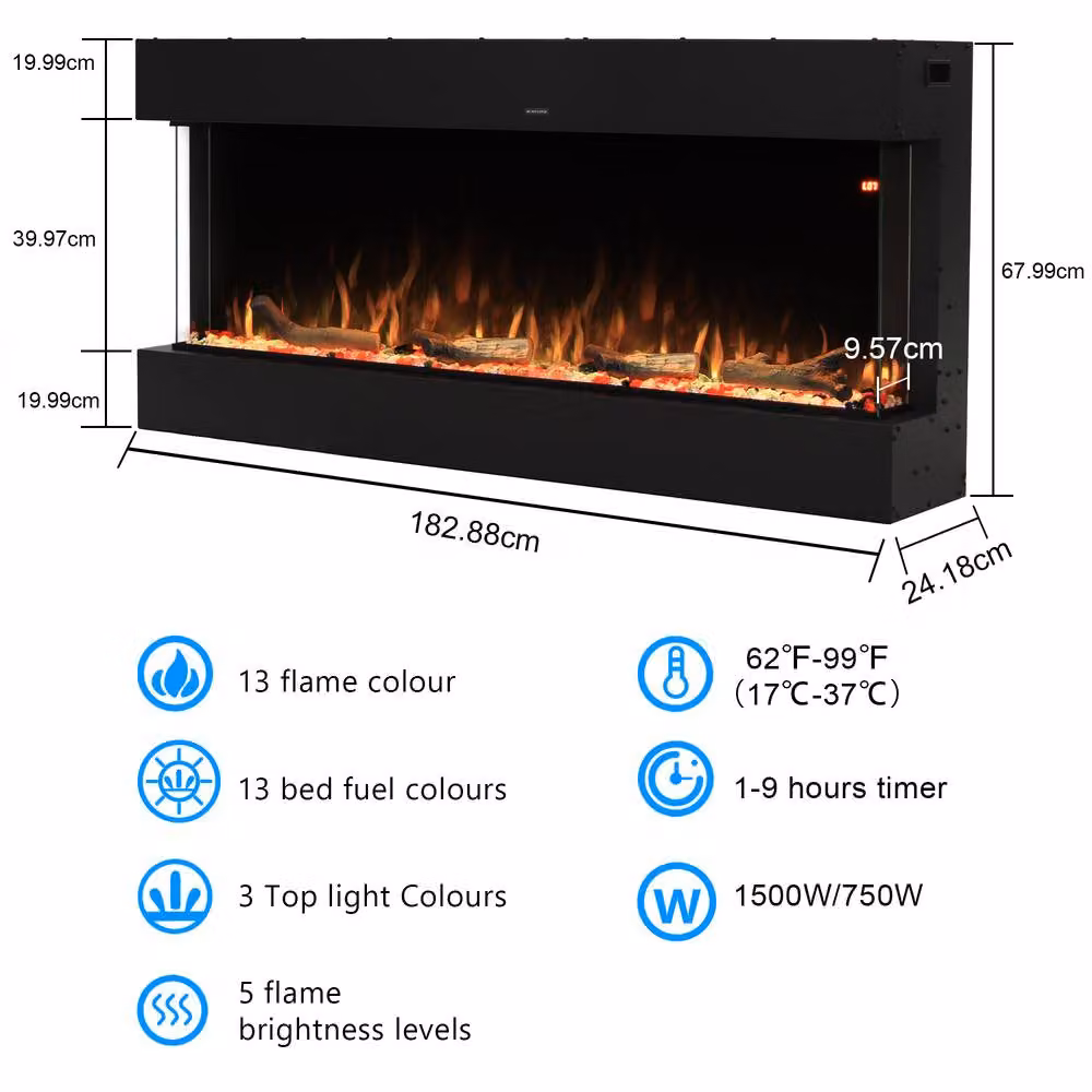 Omni-Burn 3-Side Electric Fireplace in Black with 13 Colours and 5 Brightness Settings, W/D/H: 183 x 25.34 x 68 cm – 3