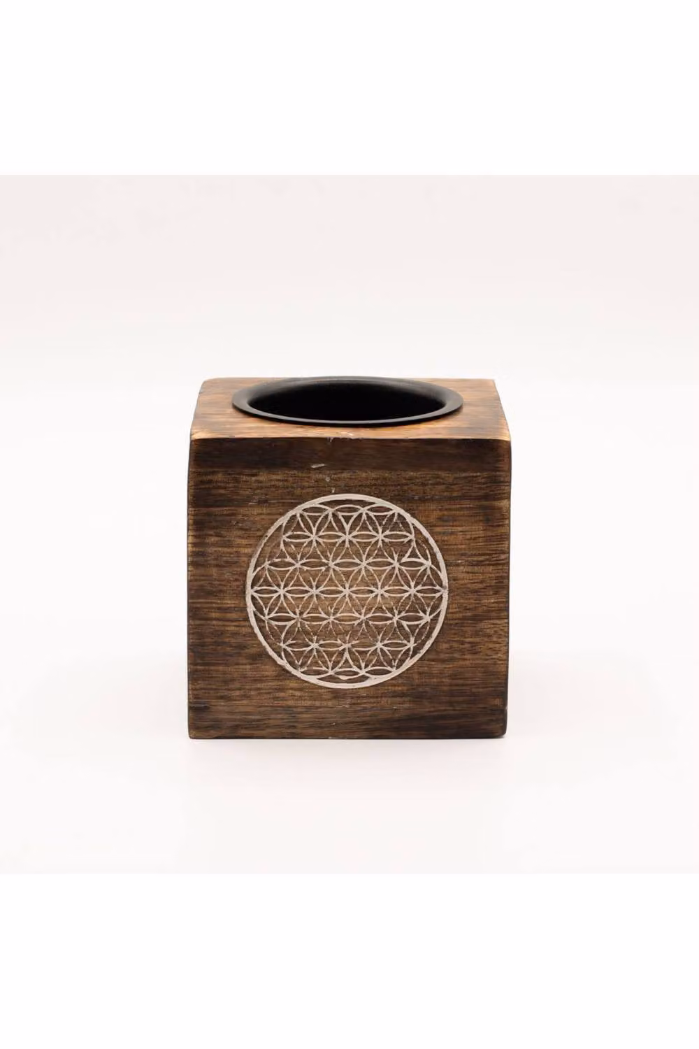 KDMD Square Mango Wood and Metal Flower of Life Oil Burner in Brown and Black – 2