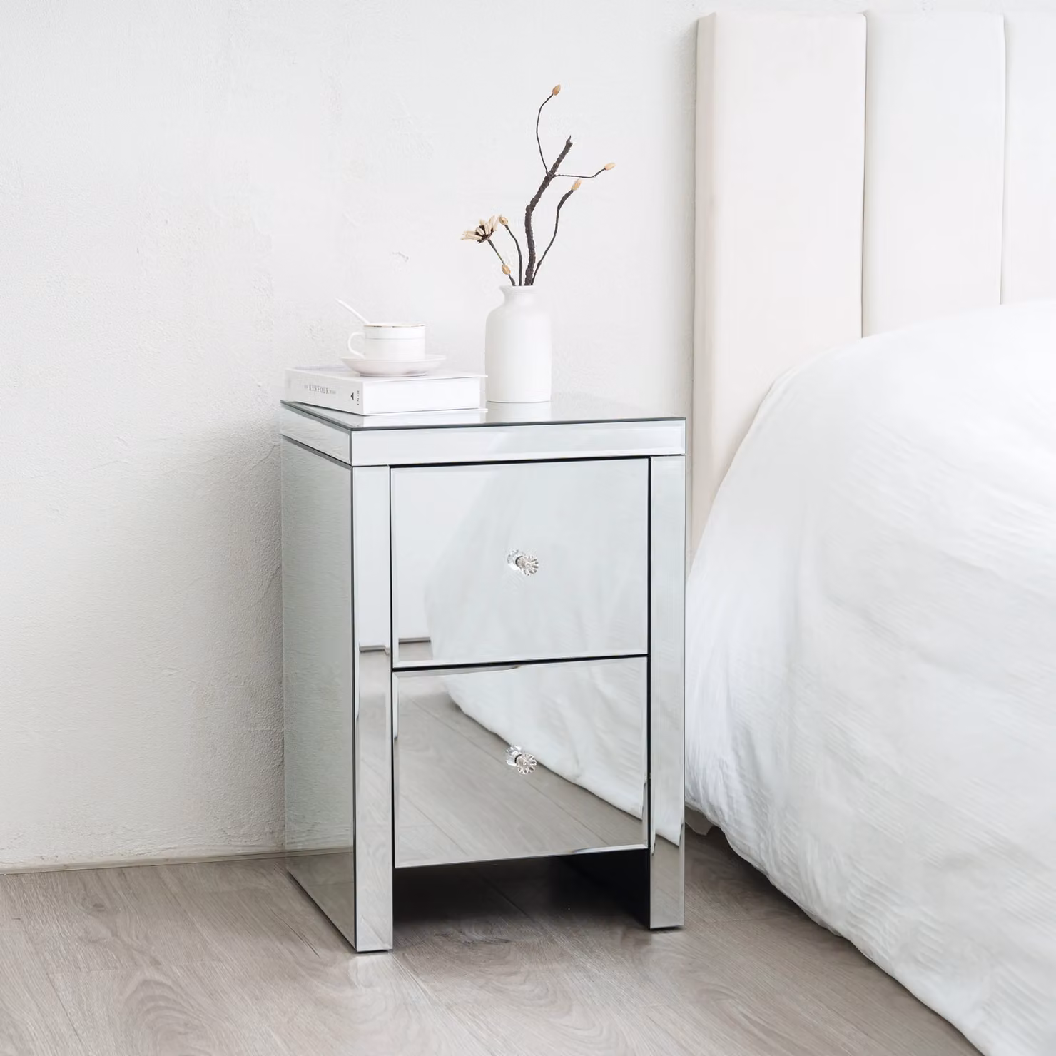 Comfy Living Ltd Large 2 Drawer Mirrored Bedside Table in Silver with Glossy Glass Finish – 2