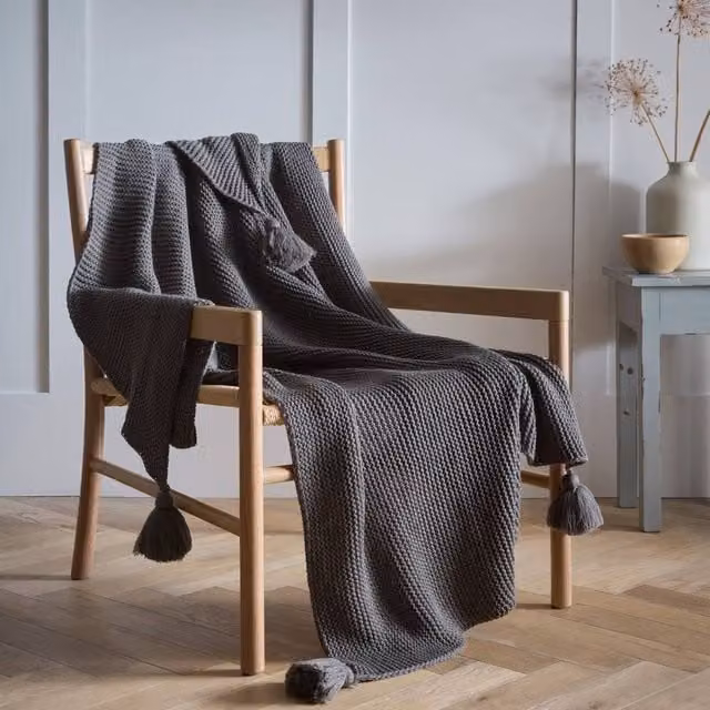 Portfolio Home Copenhagen Knitted Tassels Bed Throw Blanket in Grey, W: 127 cm x D: 152 cm