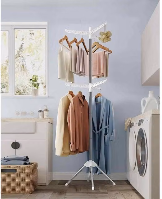 The Bazaarist Tall Foldable Clothes Drying Rack with Rotating Arms in White and Silver