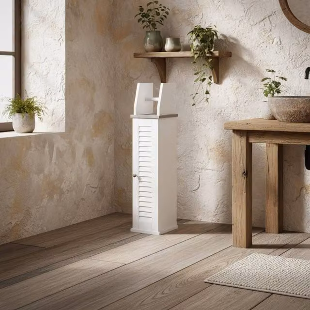 Wyld Haus Semike Slim Freestanding White Bathroom Cabinet and Toilet Roll Holder