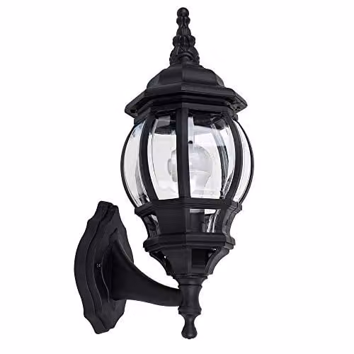 MiniSun Traditional Style Black and Transparent Outdoor Security Wall Lantern with 6W Warm White LED Bulb