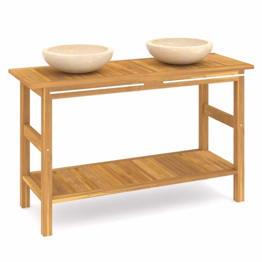 Berkfield Home Freestanding Teak Bathroom Vanity Cabinet with Cream Marble Sinks in Beige – 2