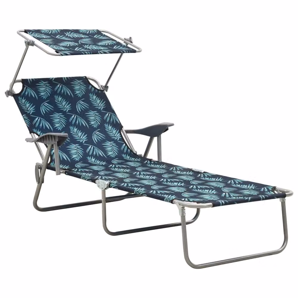 Berkfield Home Sun Lounger with Canopy in Navy Blue Steel with Floral Print W/D/H: 120 x 71.5 x 108.5 cm – 2