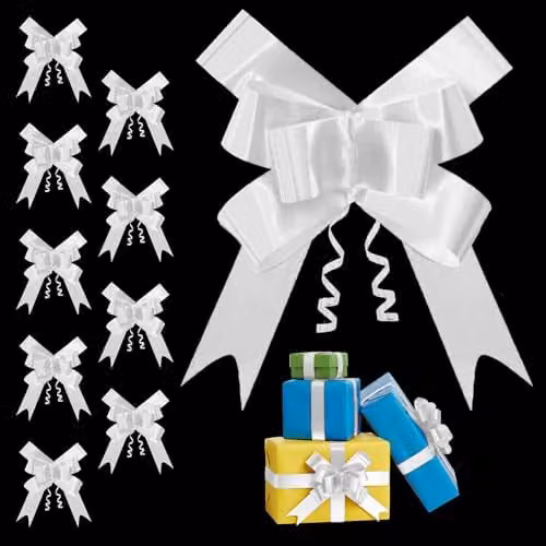 Shatchi 60pcs White 50mm Pull Bows for Gift Wrapping and Party Decorations