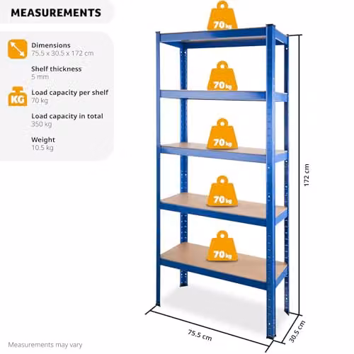 tectake Heavy-Duty 5-Tier Garage Shelving Unit with MDF Shelves, Blue, W: 172.0 cm, D: 75.5 cm, H: 30.5 cm – 2