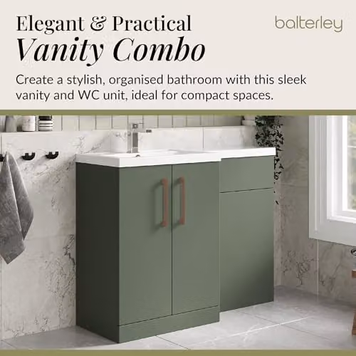 Balterley Corner L-Shaped Vanity Unit and WC Unit with L-Shaped Basin and Worktop, Green, Floor Standing with 2 Soft Close Doors and Copper D Shape Handles – 3
