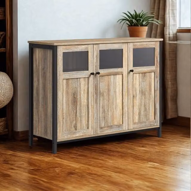Pirlo Plush Industrial Multipurpose Closed Sideboard Buffet Cabinet in Rustic Brown with Glass Doors