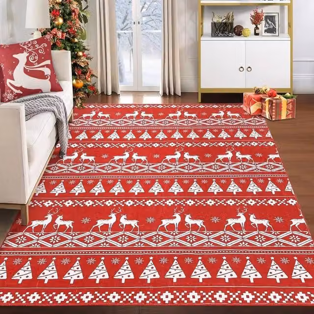 VOGREX Christmas Snowflake Pattern Round Area Rug, Red and Multicolour, Diameter: 100 cm
