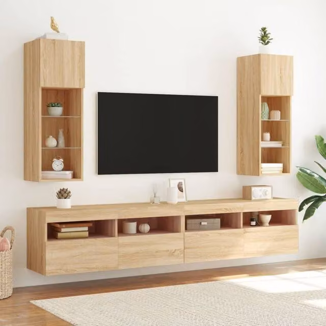 Berkfield Home Set of 2 Modern TV Cabinets with LED Lights in Sonoma Oak Light Brown, W/D/H: 30.5 x 30 x 90 cm – 1