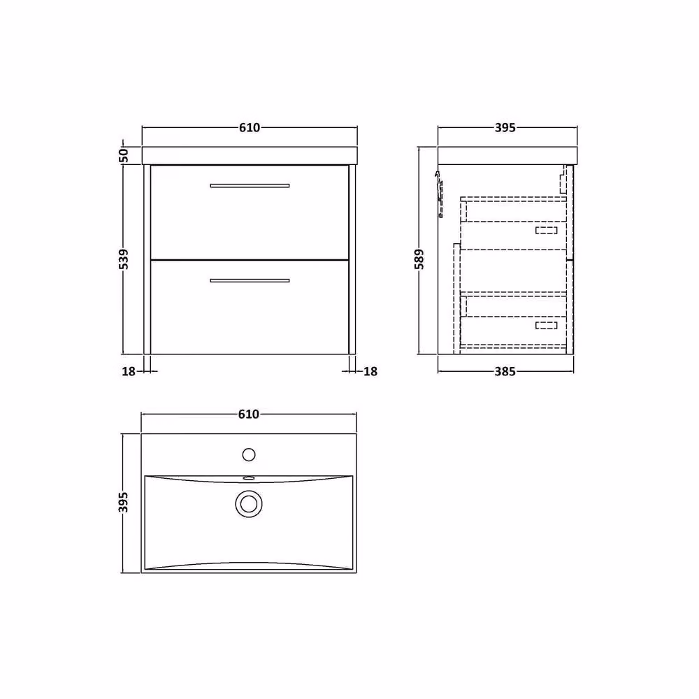 Balterley Winshill Contemporary 2 Drawer Wall Hung Vanity Basin Unit, Grey, Width: 60 cm – 2