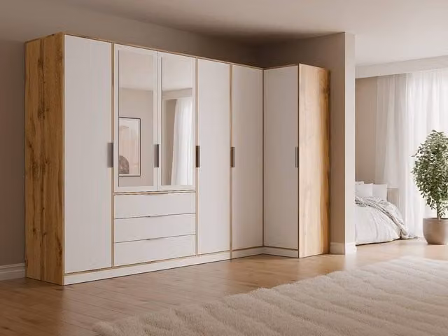 Vente-unique Modern Corner Wardrobe with 6 Doors, 3 Drawers and Mirrors in White and Beige, W: 302 cm – 1