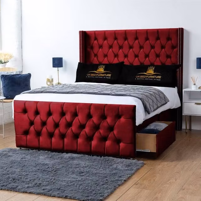 UK Bed Furniture Emily Wingback Divan Bed with 2 Foot End Drawers and 54 Inch Headboard in Red Velvet, Size: 200 x 200 cm – 1