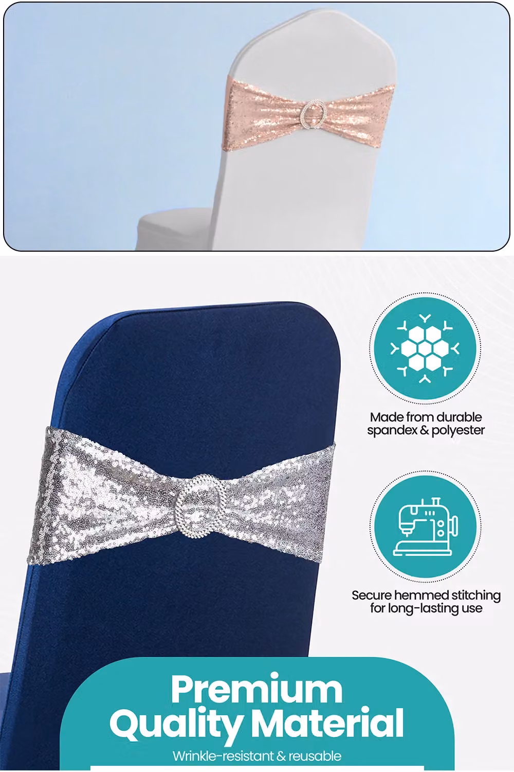 Neel Blue 10-Piece Sequin Dining Chair Band Set with Silver Slider Buckles and Stretchy Fabric Sash – 2