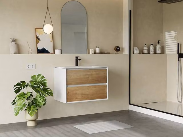 Vente-unique LANNICK Suspended Vanity Unit in Light Oak and White Finish, W: 80 cm, D: 45.6 cm, H: 55 cm – 1