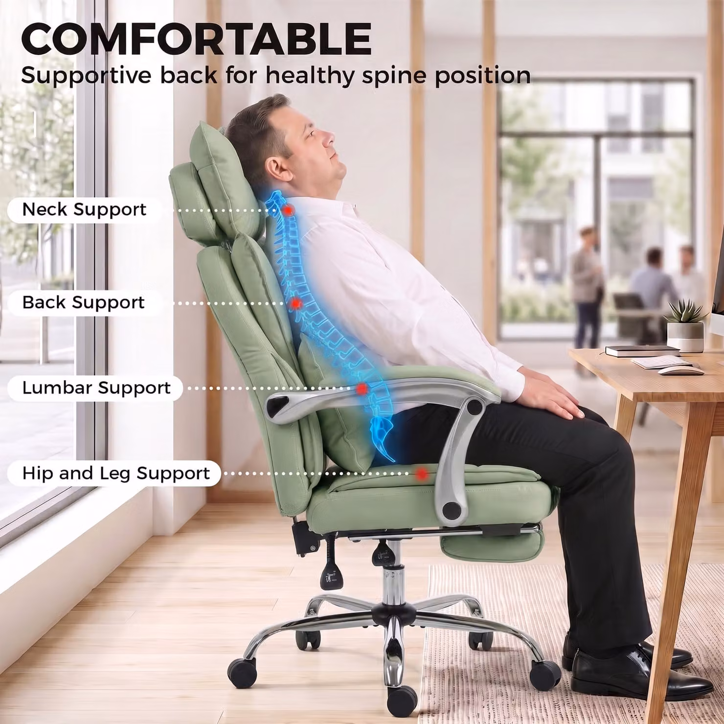 HOMCOM Executive Big and Tall Office Chair in Light Green with Synthetic Leather, Headrest and Foot Ring – 6