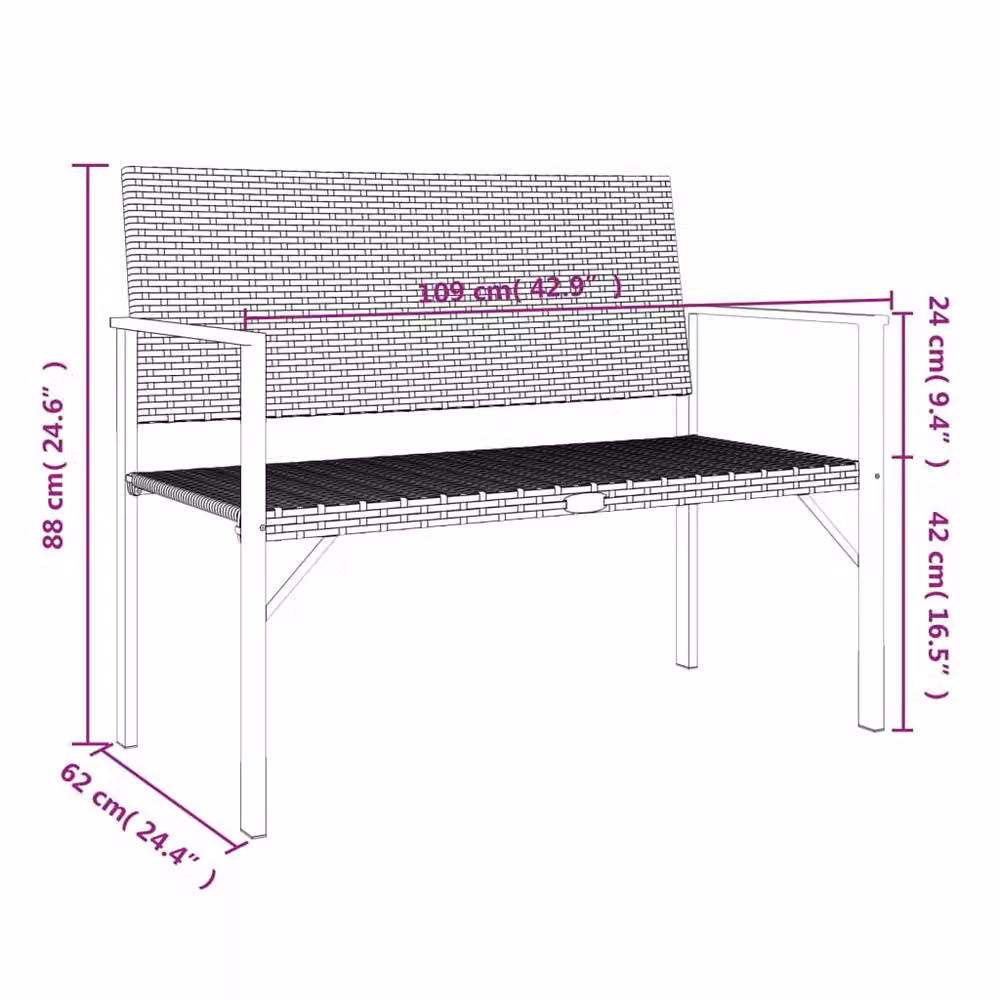 Berkfield Home Beautiful 2-Seater Garden Bench in Grey Poly Rattan and Metal, W/D/H: 109 x 62 x 88 cm – 4