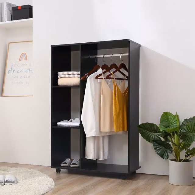 HOMCOM Rolling Open Wardrobe with Hanging Rail and Storage Shelves in Black – 1