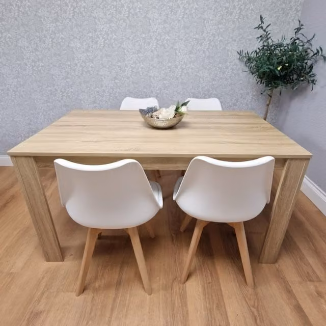 KOSY KOALA Dining Set with Rectangular Oak Effect Table and 4 White Plastic Chairs in Brown and White