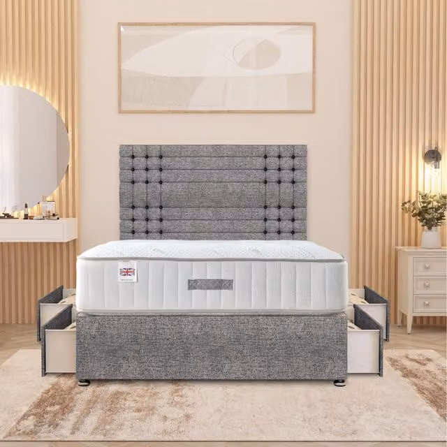 Somnior Beds Ltd Saville Tweed Fabric Divan Bed Set with 32 inch Headboard and Orthopaedic Mattress, Grey, W/D/H: 120 x 200 cm