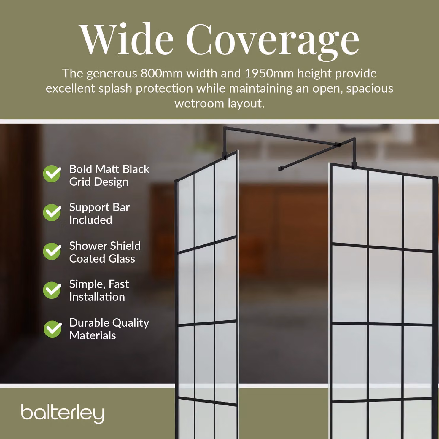 Balterley 8mm Glass Walk-In Wetroom Screen and Tray Set, Black and Grey, W: 1200 mm, D: 800 mm – 4