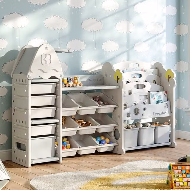 Komore Kids Plastic Toy Storage Organiser and Bookshelf Set in Grey and White