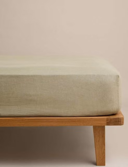 M&S Pure Linen Deep Fitted Sheet in Khaki Green, 180 x 200 cm
