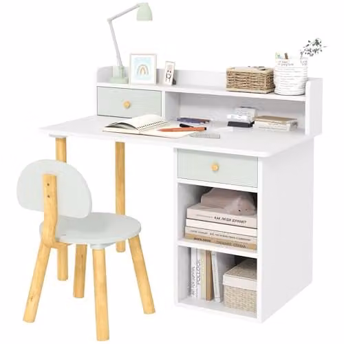 AIYAPLAY Kids Desk and Chair Set with Hutch and Drawer, Green and White, Ages 3-8 Years