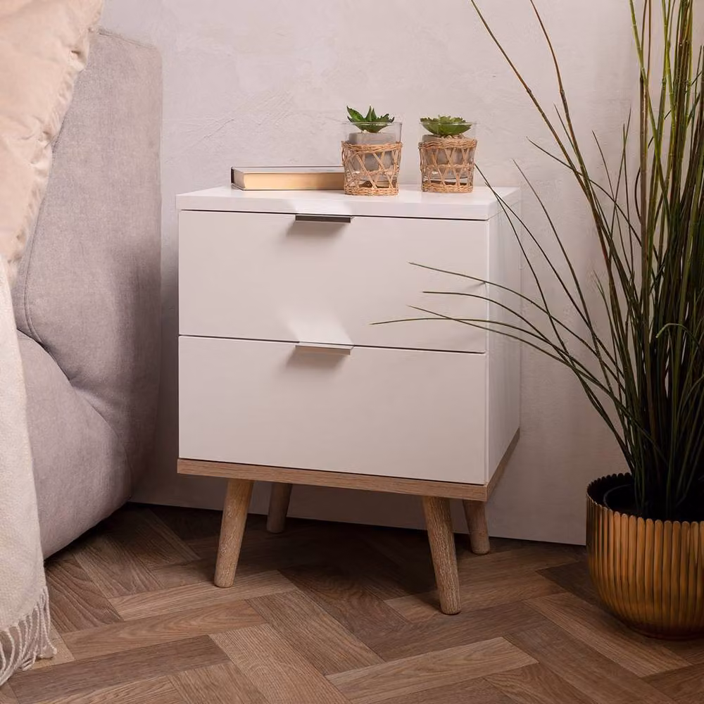 CALICOSY Copenhagen Bedside Table with 2 Drawers, White – 2