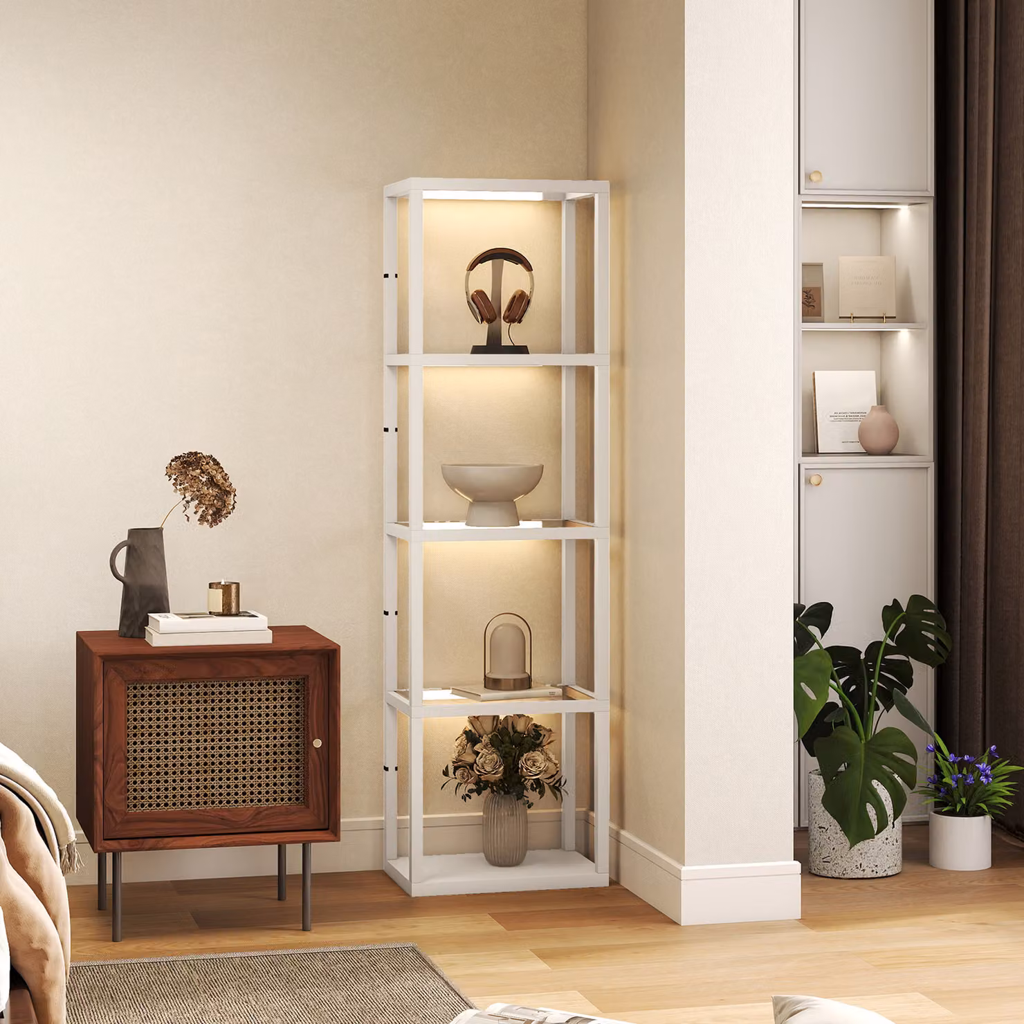 HOMCOM Dimmable LED Floor Lamp with 4 Glass Shelves in White and Wood Finish – 5