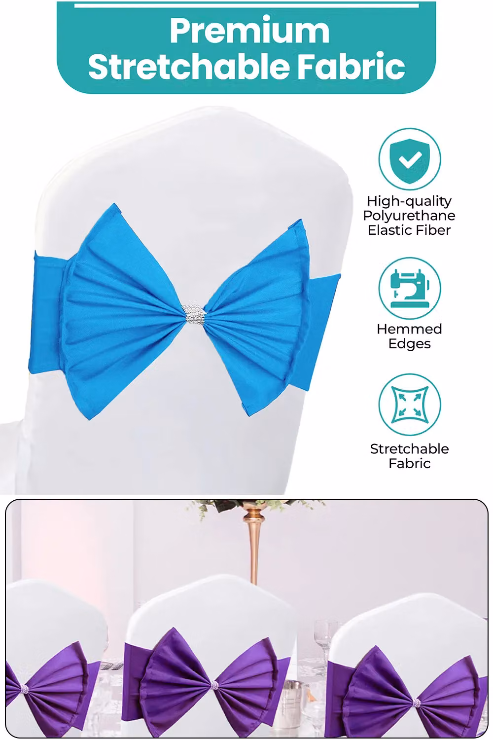 Neel Blue Pack of 10 Stretchy Chair Sash Bands with Slider Buckles in Turquoise – 2