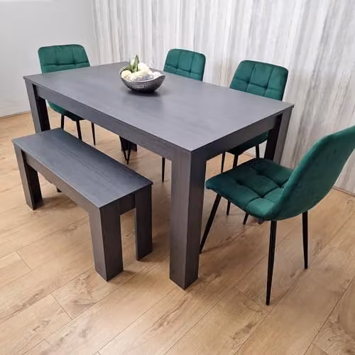KOSY KOALA Modern 6 Seater Dining Set with Rectangular Grey Table, 4 Green Velvet Chairs and 1 Bench, W/D/H: 140 x 80 x 75 cm – 3