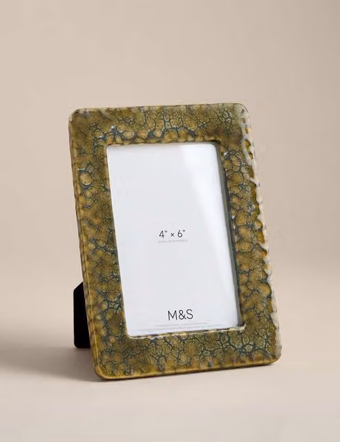 M&S Reactive Glaze Ceramic Single Rectangular Tabletop Photo Frame, Green, 10.16 x 10.16 cm